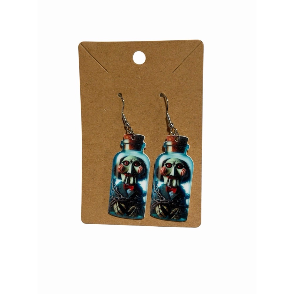 Puppet Horror Movie Bottle Acrylic‎ Drop Earrings Spooky